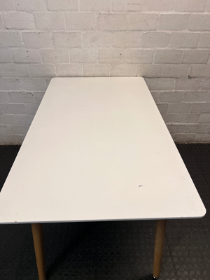White Rectangular Table with Tapered Wooden Legs — Fair Used Condition