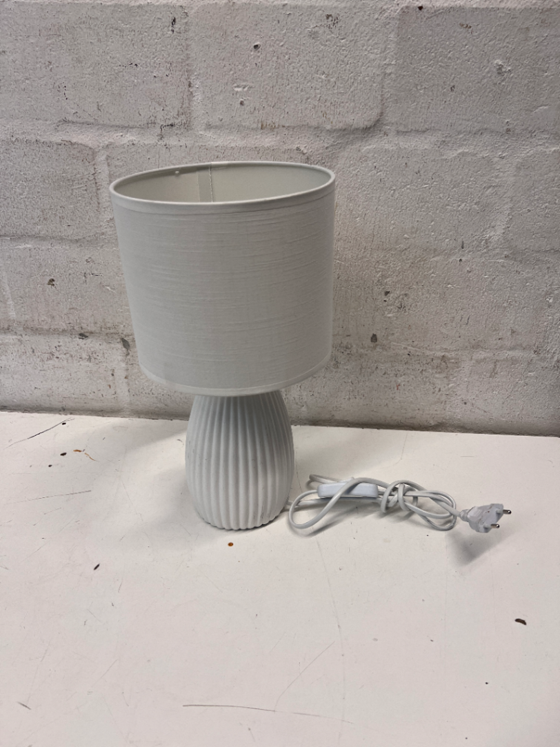 White Ribbed Porcelain Table Lamp with Fabric Shade — Good Condition