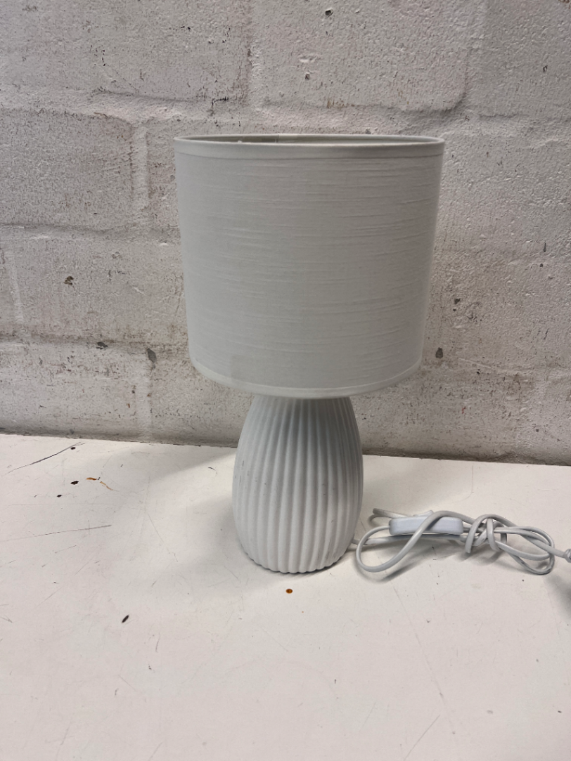 White Ribbed Porcelain Table Lamp with Fabric Shade — Good Condition