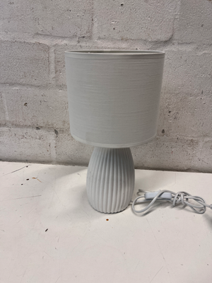 White Ribbed Porcelain Table Lamp with Fabric Shade — Good Condition
