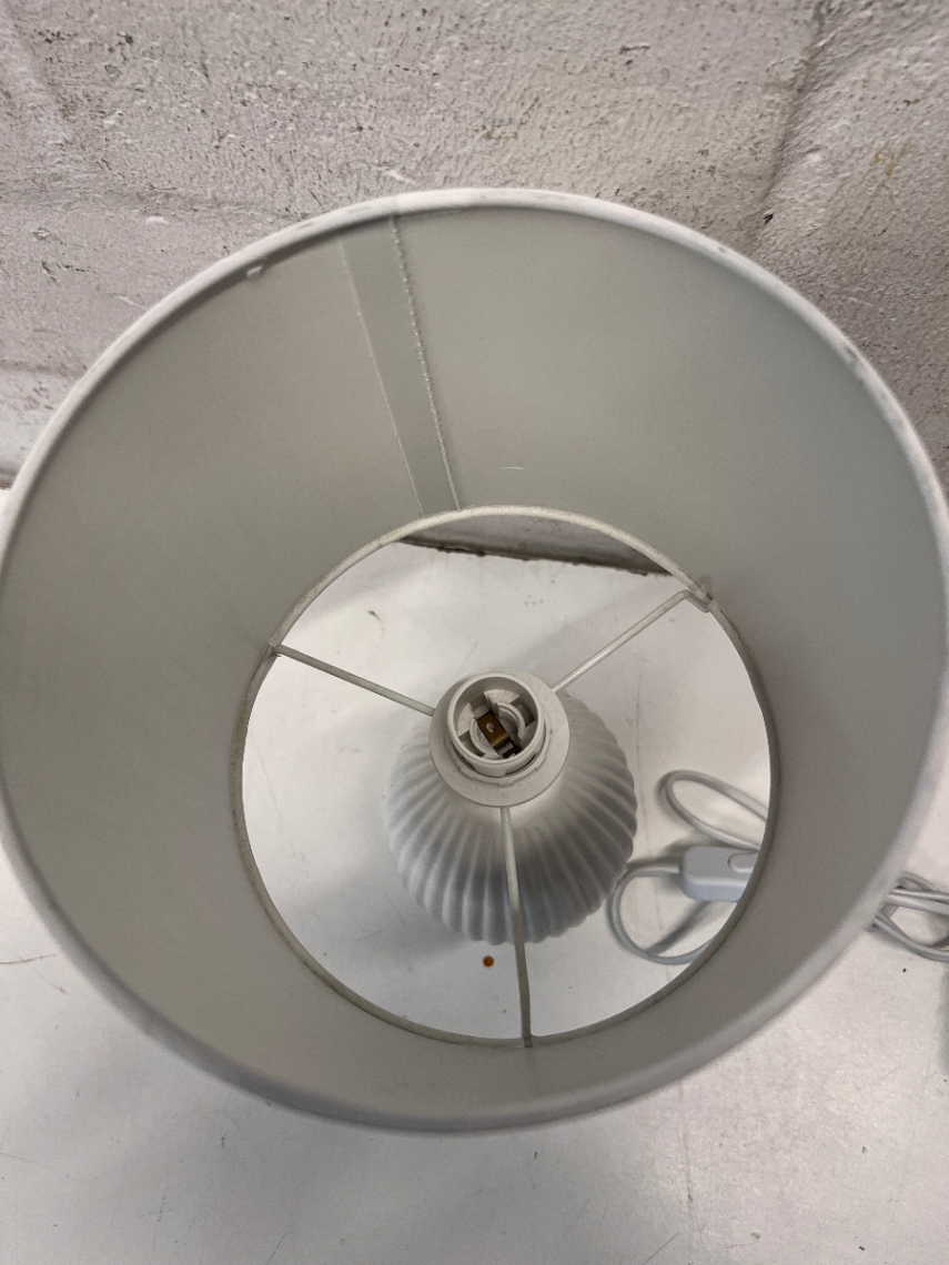 White Ribbed Porcelain Table Lamp with Fabric Shade — Good Condition