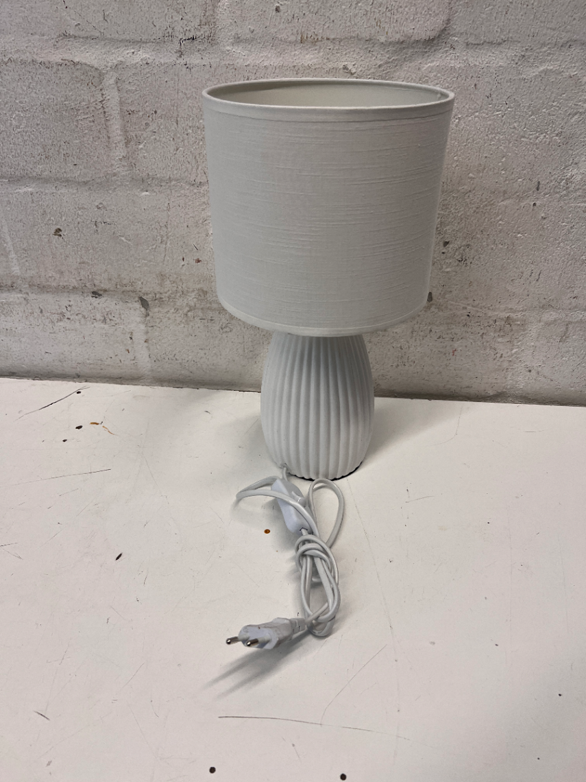 White Ribbed Porcelain Table Lamp with Fabric Shade — Good Condition