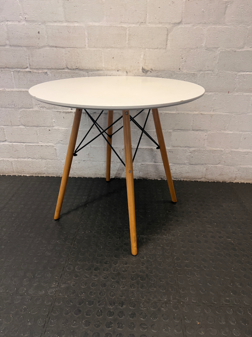 White Round Dining Table with Eames Style Wood Legs — Fair Condition with Minor Assembly Wear