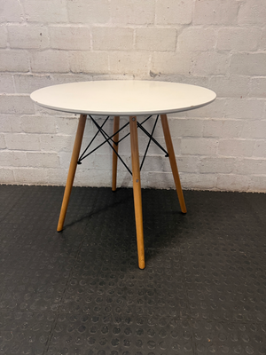 White Round Dining Table with Eames Style Wood Legs — Fair Condition with Minor Assembly Wear