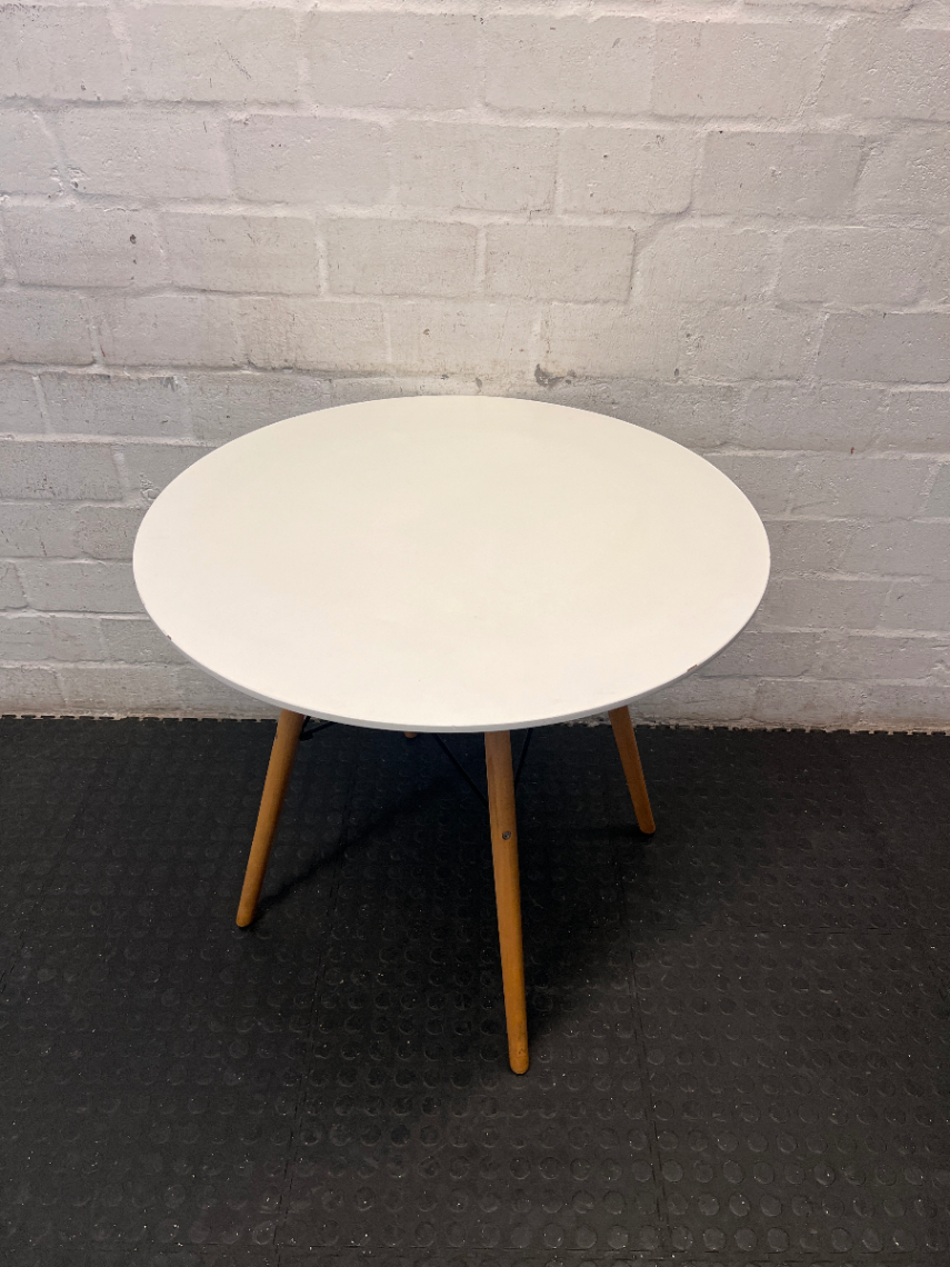 White Round Dining Table with Eames Style Wood Legs — Fair Condition with Minor Assembly Wear