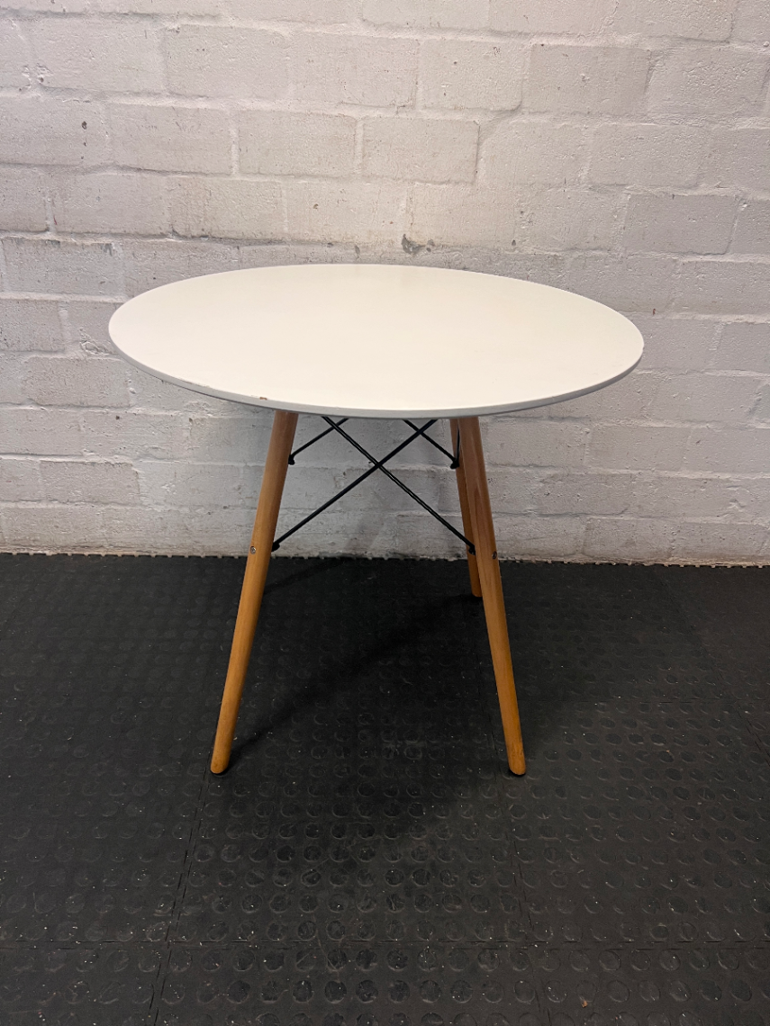 White Round Dining Table with Eames Style Wood Legs — Fair Condition with Minor Assembly Wear