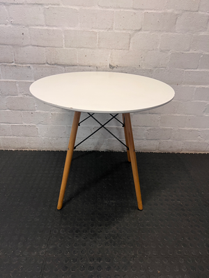 White Round Dining Table with Eames Style Wood Legs — Fair Condition with Minor Assembly Wear