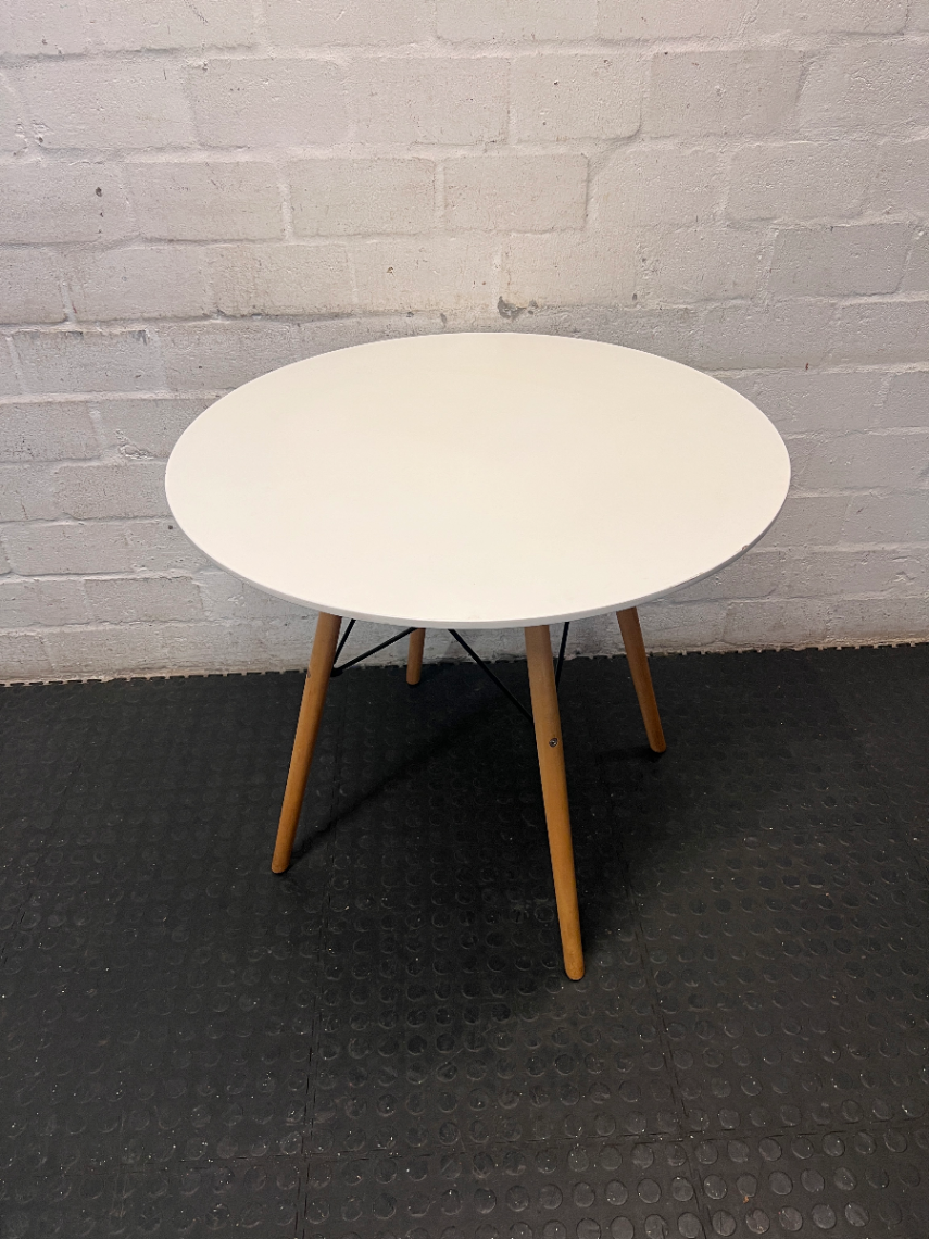 White Round Dining Table with Eames Style Wood Legs — Fair Condition with Minor Assembly Wear