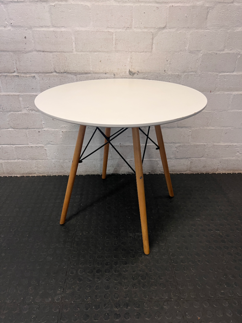 White Round Dining Table with Eames Style Wood Legs — Fair Condition with Minor Assembly Wear