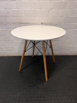 White Round Dining Table with Eames Style Wood Legs — Fair Condition with Minor Assembly Wear