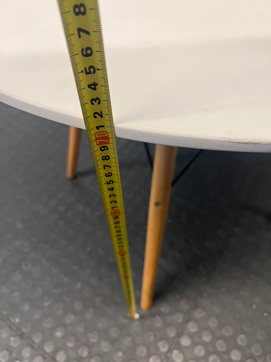 White Round Dining Table with Eames Style Wood Legs — Fair Condition with Minor Assembly Wear