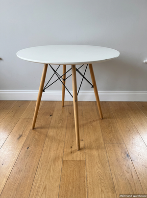 White Round Dining Table with Eames Style Wood Legs — Fair Condition with Minor Assembly Wear