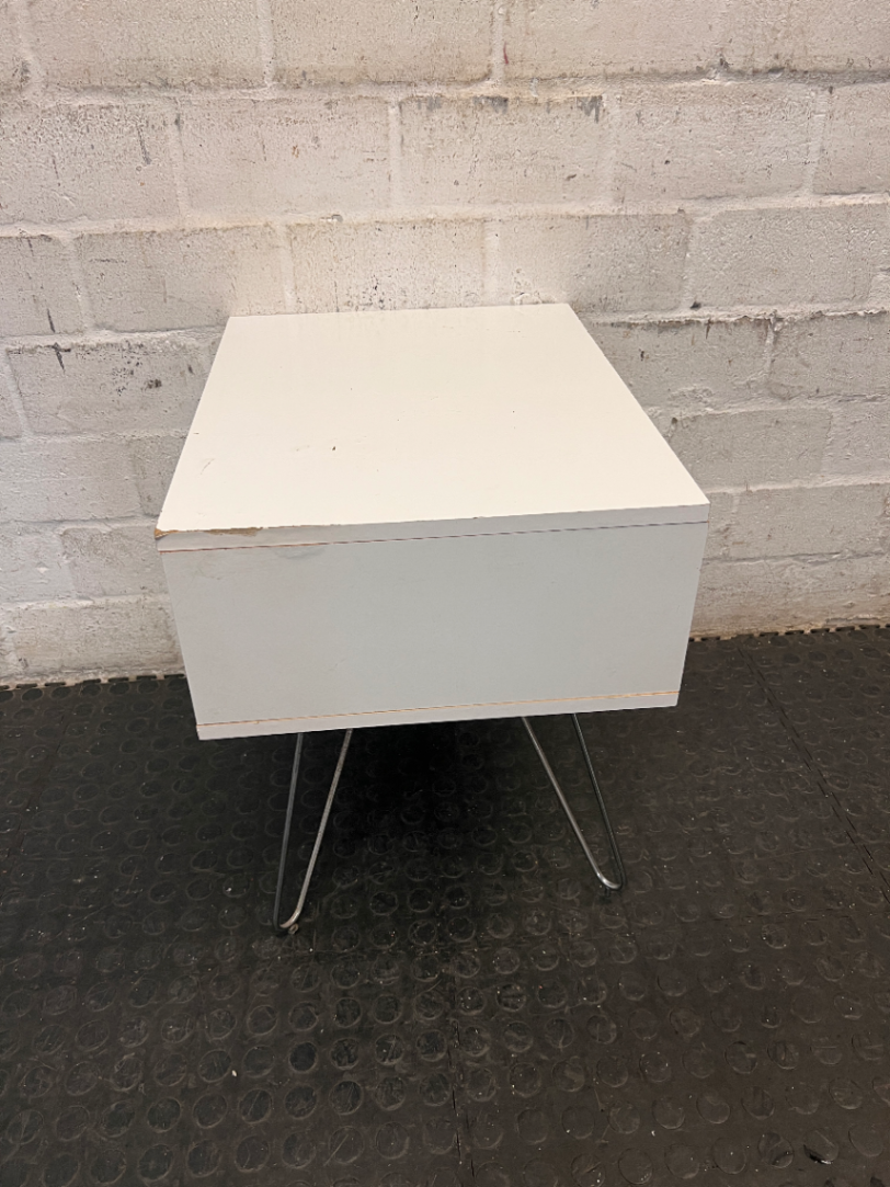 White Single Drawer Pedestal with Hairpin Legs