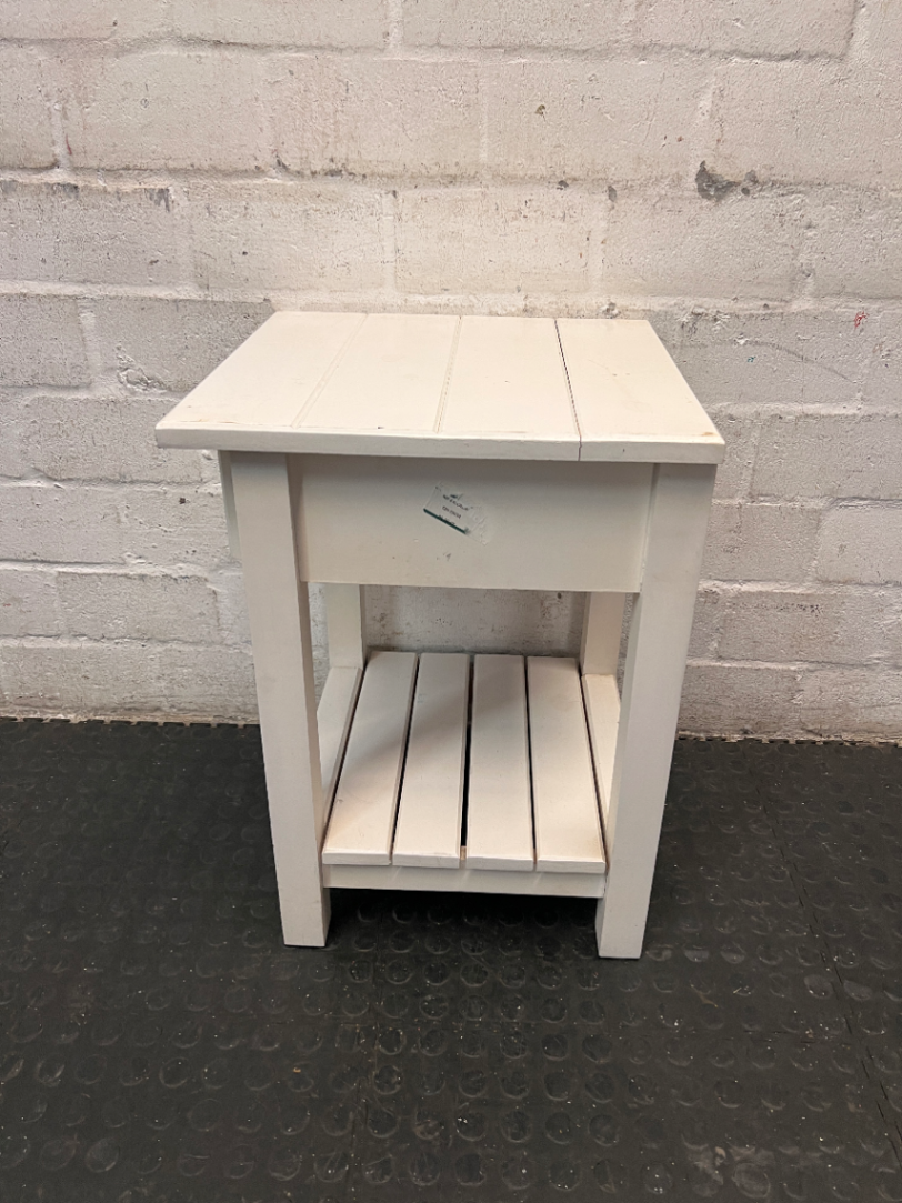 White Slatted Bedside Table with Drawer — Good Working Order