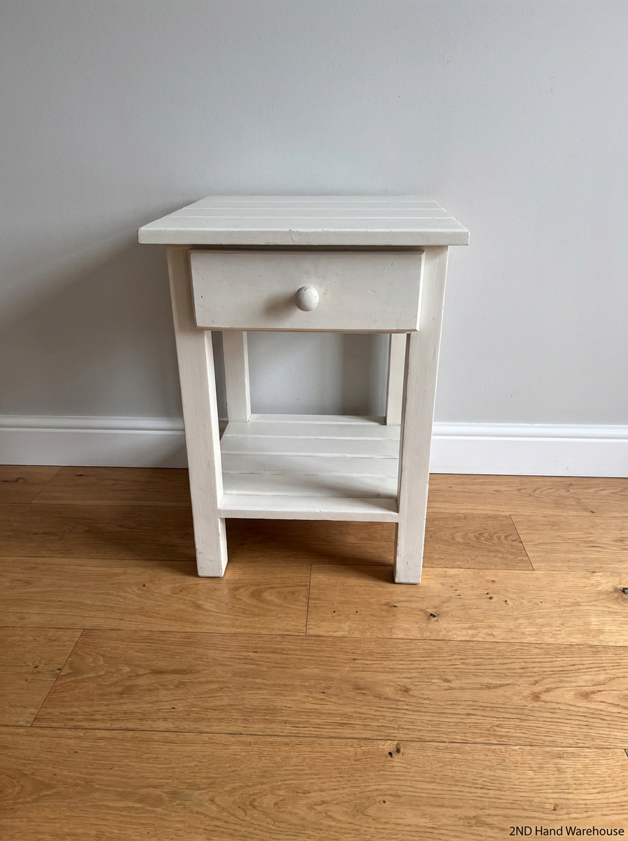 White Slatted Bedside Table with Drawer — Good Working Order
