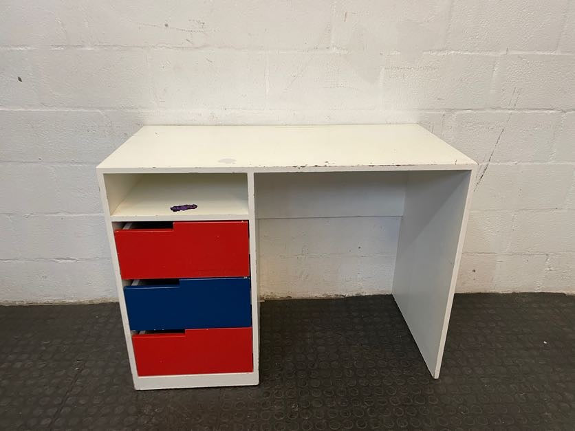 White Small Desk with Red and Blue Drawers