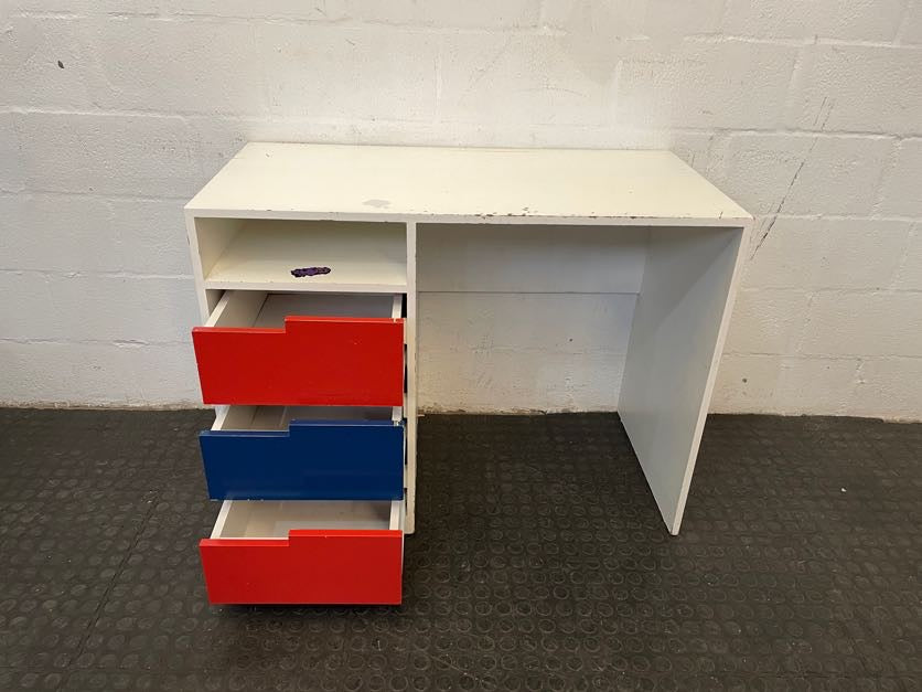 White Small Desk with Red and Blue Drawers