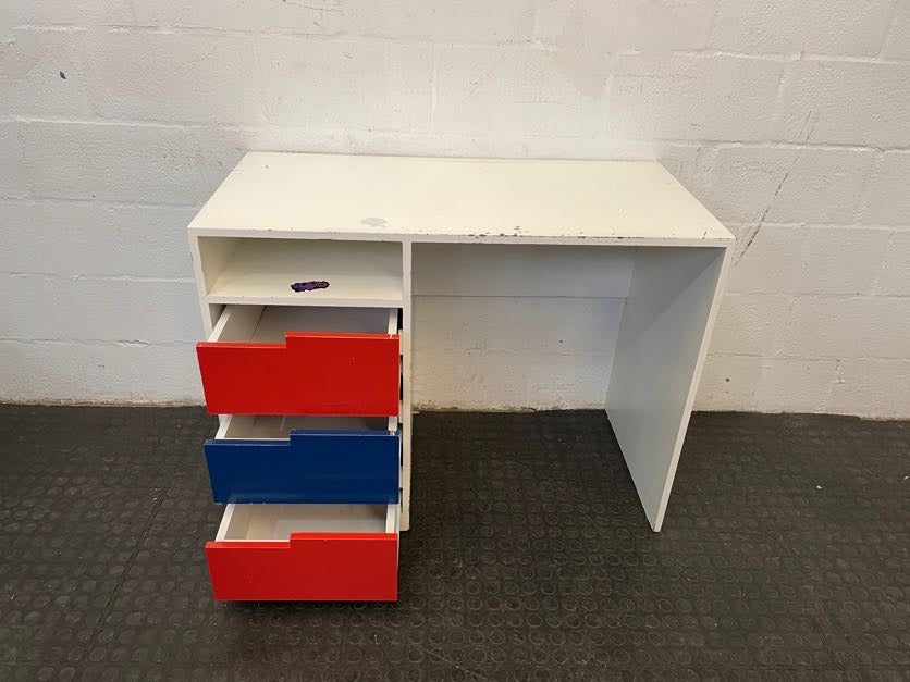 White Small Desk with Red and Blue Drawers