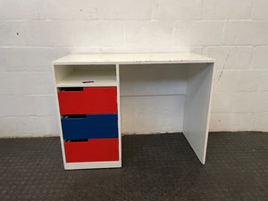 White Small Desk with Red and Blue Drawers