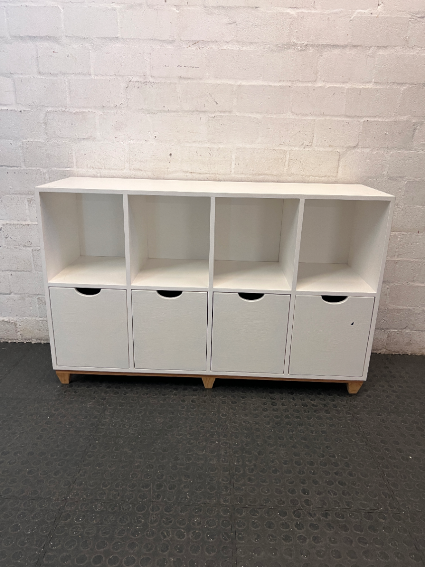 White Storage Cabinet with 4 Drawers and Wood Legs — Small Mark on One Drawer Face