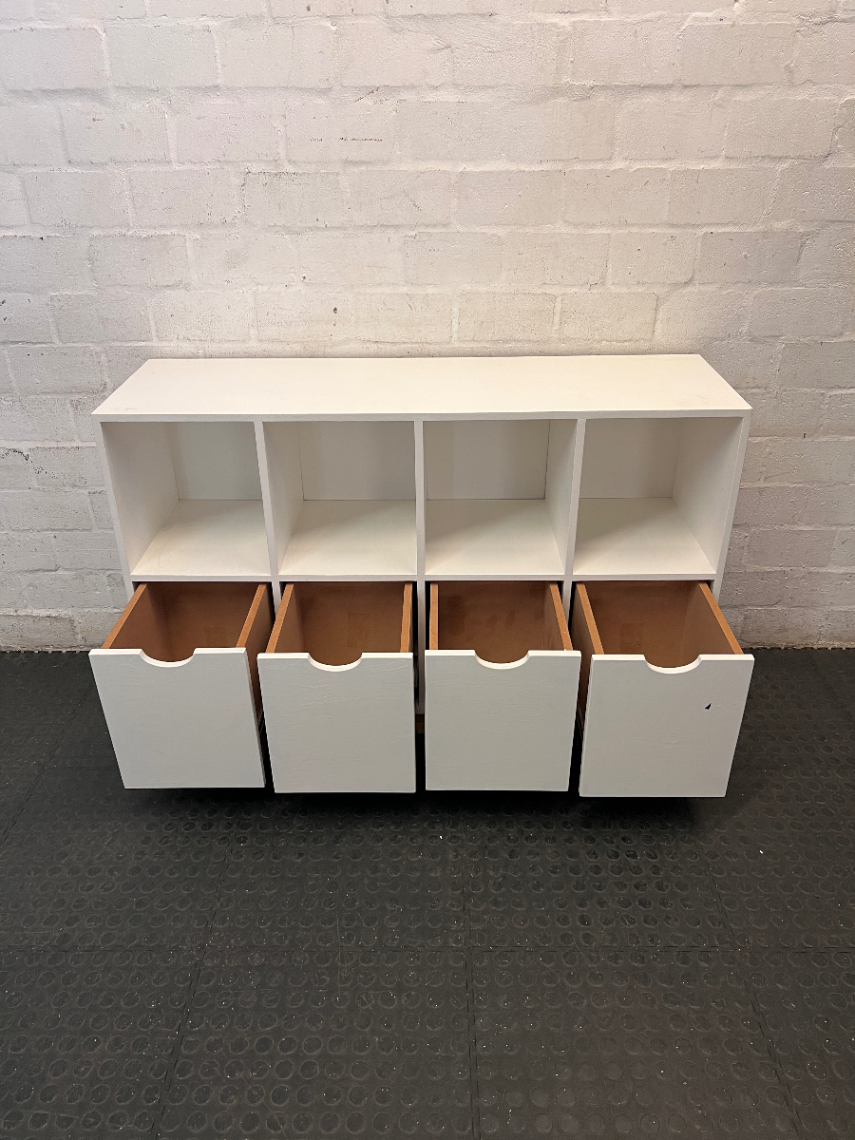 White Storage Cabinet with 4 Drawers and Wood Legs — Small Mark on One Drawer Face