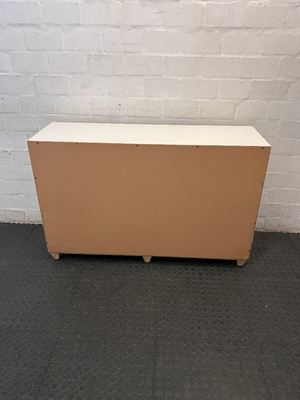 White Storage Cabinet with 4 Drawers and Wood Legs — Small Mark on One Drawer Face