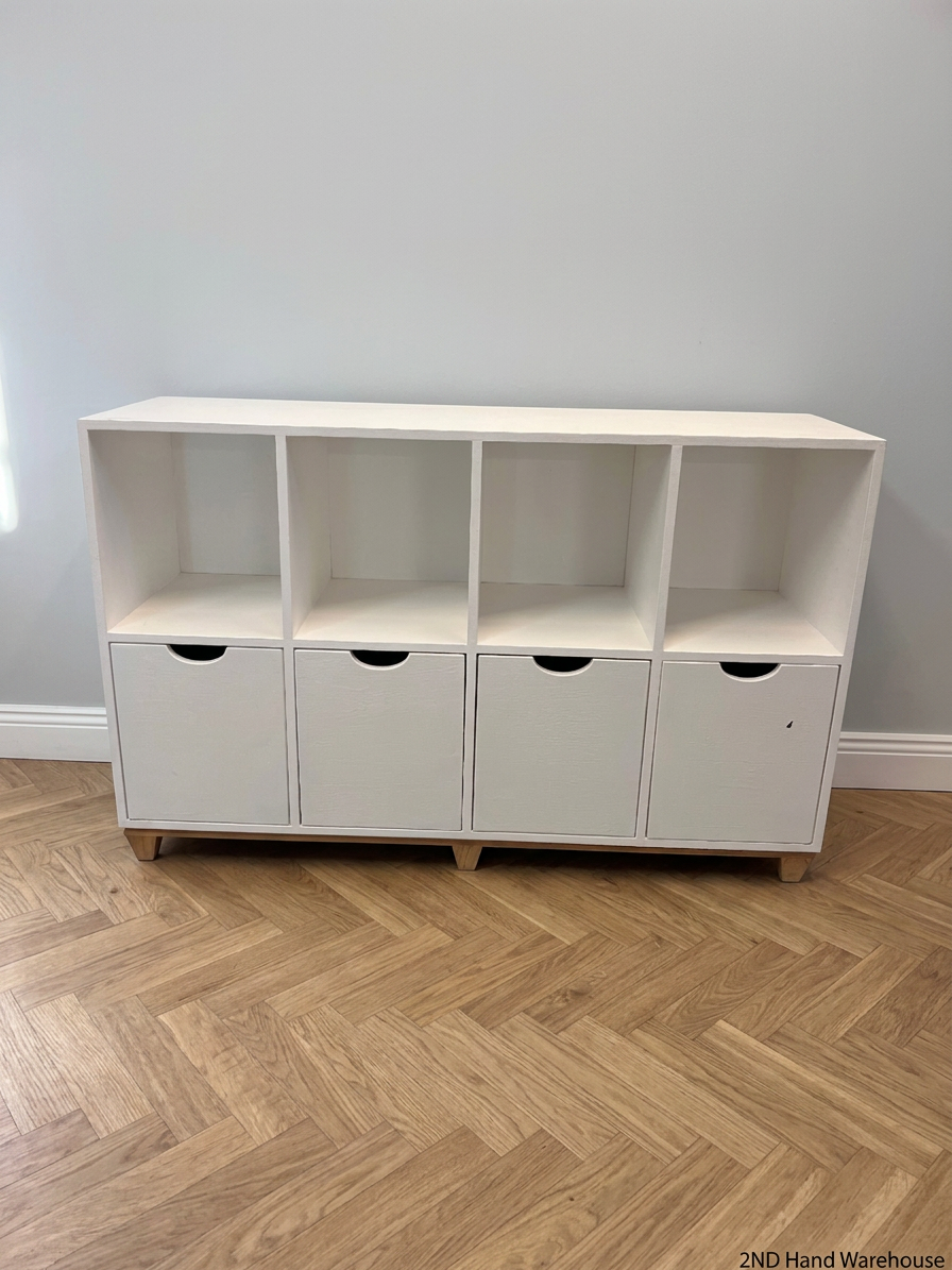 White Storage Cabinet with 4 Drawers and Wood Legs — Small Mark on One Drawer Face
