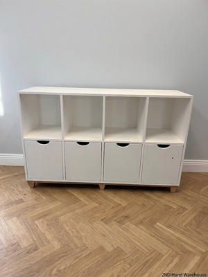 White Storage Cabinet with 4 Drawers and Wood Legs — Small Mark on One Drawer Face