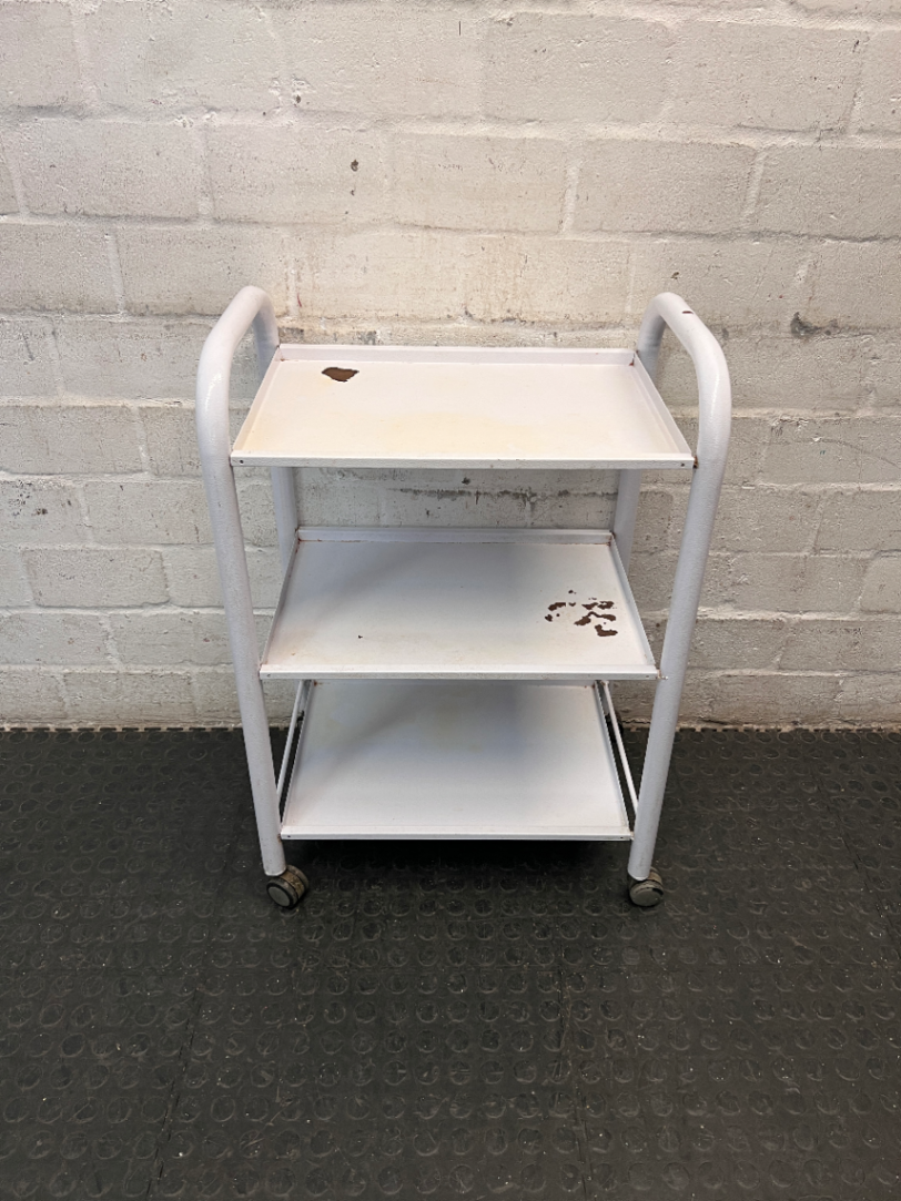 White Three-Tier Metal Utility Trolley — Fair Condition With Visible Wear