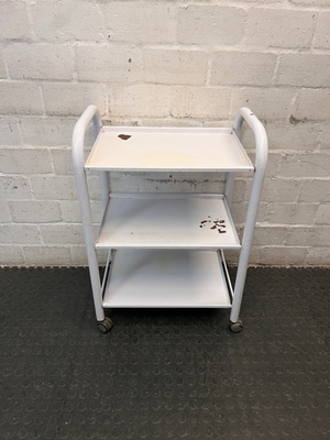White Three-Tier Metal Utility Trolley — Fair Condition With Visible Wear