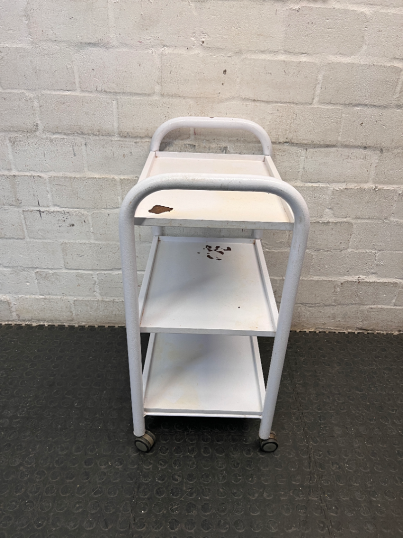 White Three-Tier Metal Utility Trolley — Fair Condition With Visible Wear