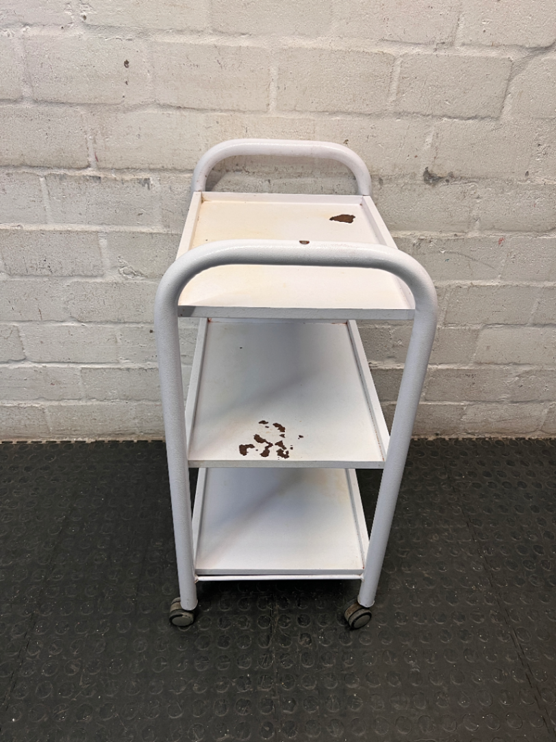 White Three-Tier Metal Utility Trolley — Fair Condition With Visible Wear