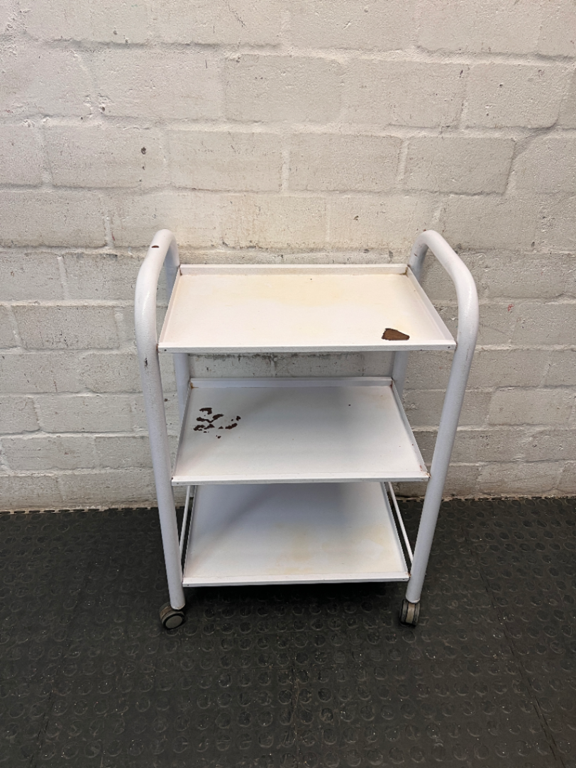 White Three-Tier Metal Utility Trolley — Fair Condition With Visible Wear