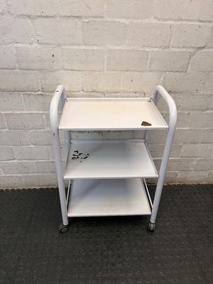 White Three-Tier Metal Utility Trolley — Fair Condition With Visible Wear