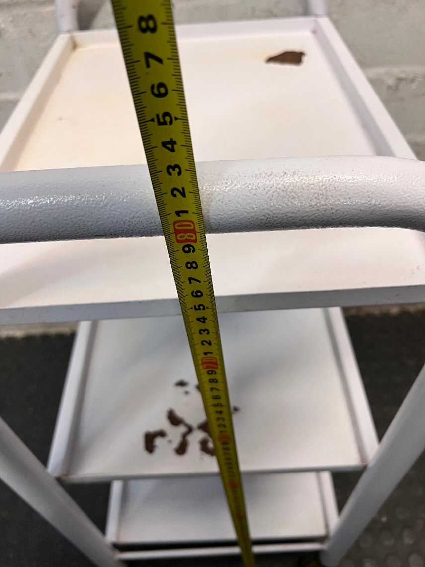 White Three-Tier Metal Utility Trolley — Fair Condition With Visible Wear