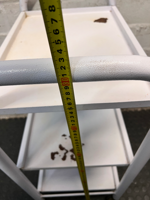 White Three-Tier Metal Utility Trolley — Fair Condition With Visible Wear