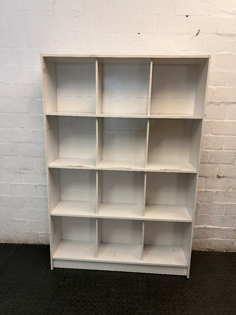 White Twelve-Cube Shelving Unit — Visible Surface Wear and Chipping on Shelves