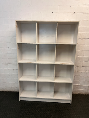 White Twelve-Cube Shelving Unit — Visible Surface Wear and Chipping on Shelves