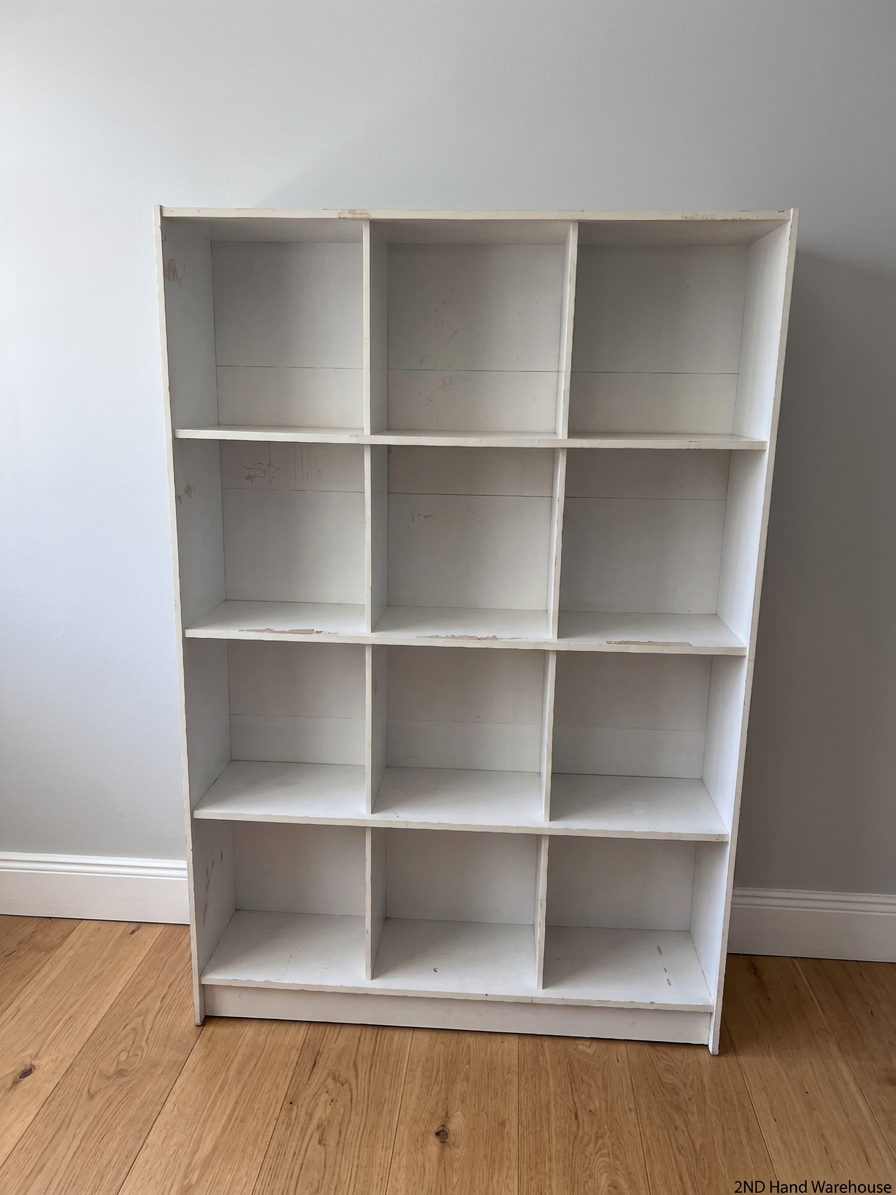 White Twelve-Cube Shelving Unit — Visible Surface Wear and Chipping on Shelves