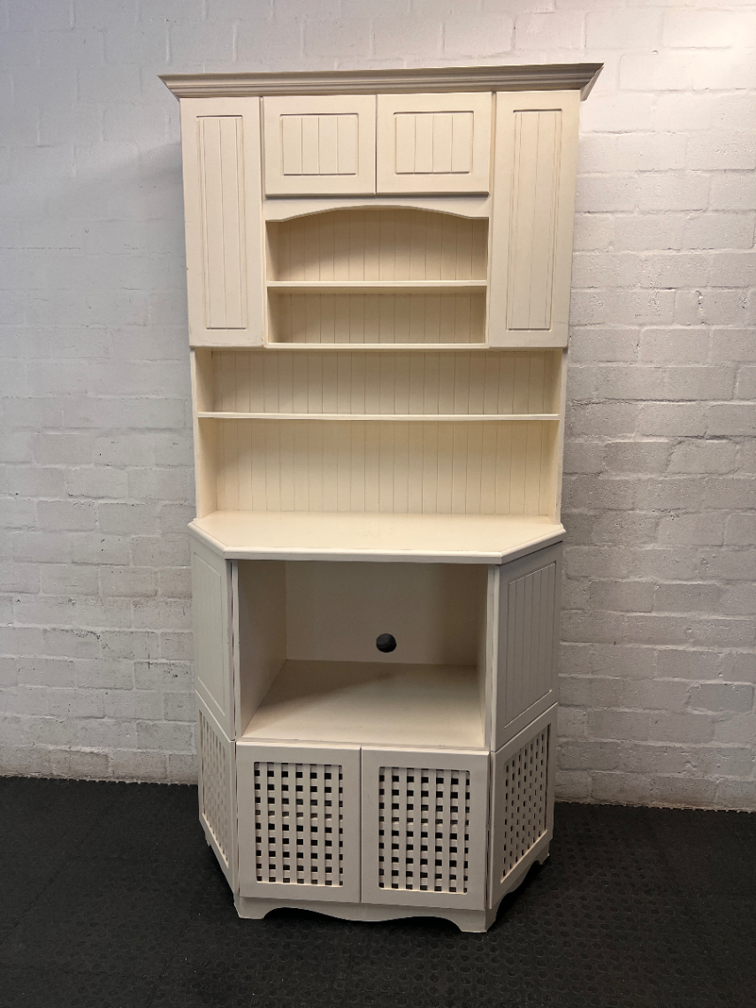 White Wooden Kitchen Hutch with Lattice Details — Fair Condition with Visible Wear