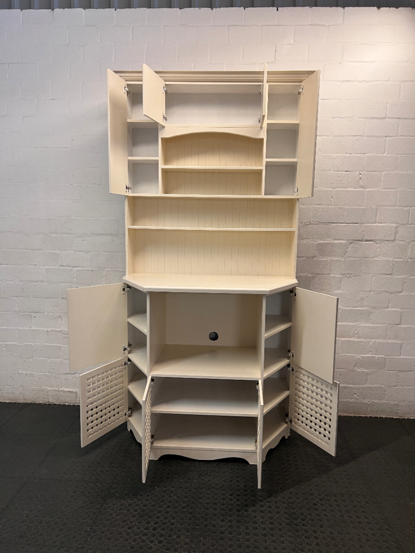 White Wooden Kitchen Hutch with Lattice Details — Fair Condition with Visible Wear