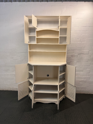 White Wooden Kitchen Hutch with Lattice Details — Fair Condition with Visible Wear