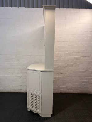 White Wooden Kitchen Hutch with Lattice Details — Fair Condition with Visible Wear