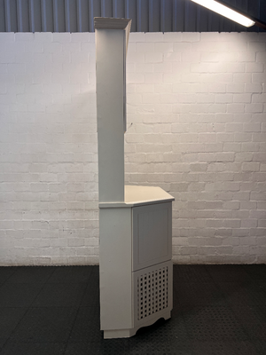 White Wooden Kitchen Hutch with Lattice Details — Fair Condition with Visible Wear