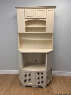 White Wooden Kitchen Hutch with Lattice Details — Fair Condition with Visible Wear
