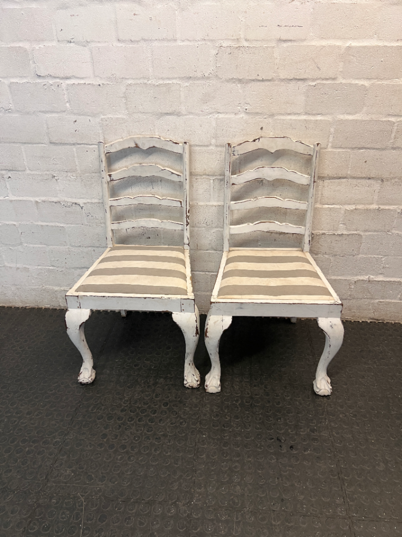 White Wooden Ladder-Back Dining Chair with Striped Seat