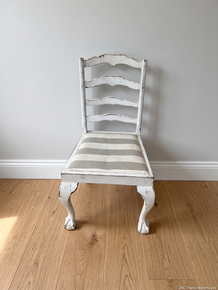 White Wooden Ladder-Back Dining Chair with Striped Seat