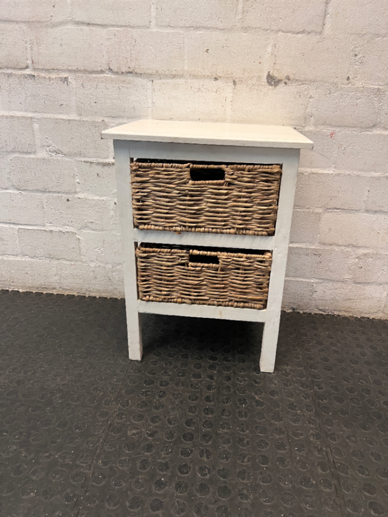 White Wooden Side Table with Wicker Basket Drawers — Fair Condition with Visible Wear
