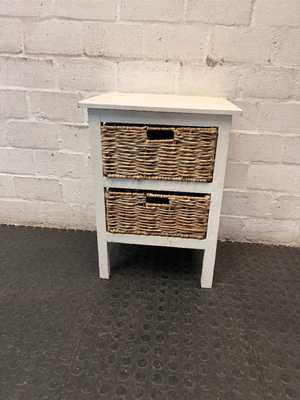 White Wooden Side Table with Wicker Basket Drawers — Fair Condition with Visible Wear