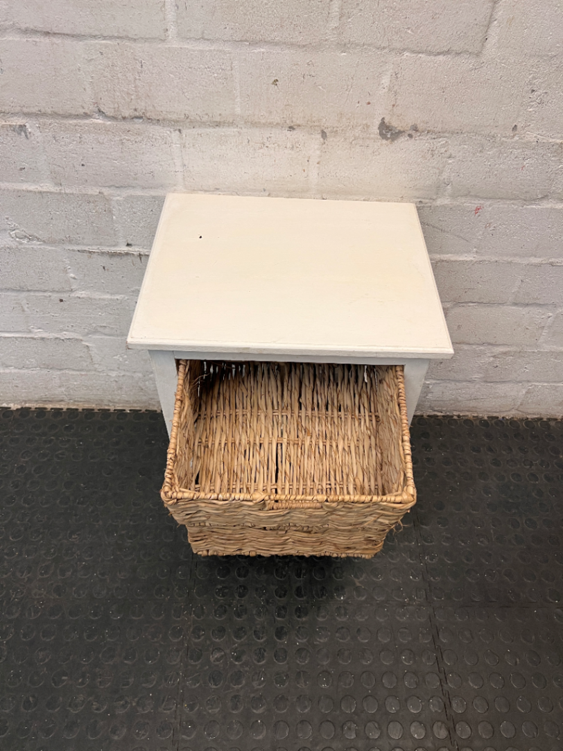 White Wooden Side Table with Wicker Basket Drawers — Fair Condition with Visible Wear